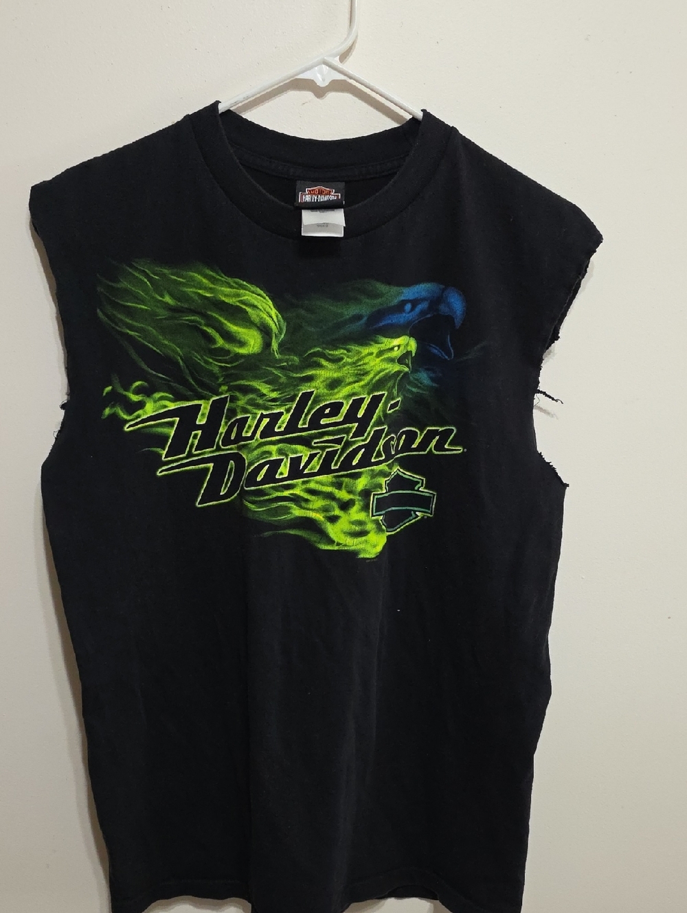 Harley-Davidson Black Tee with Neon Green and Blue Eagle Graphic